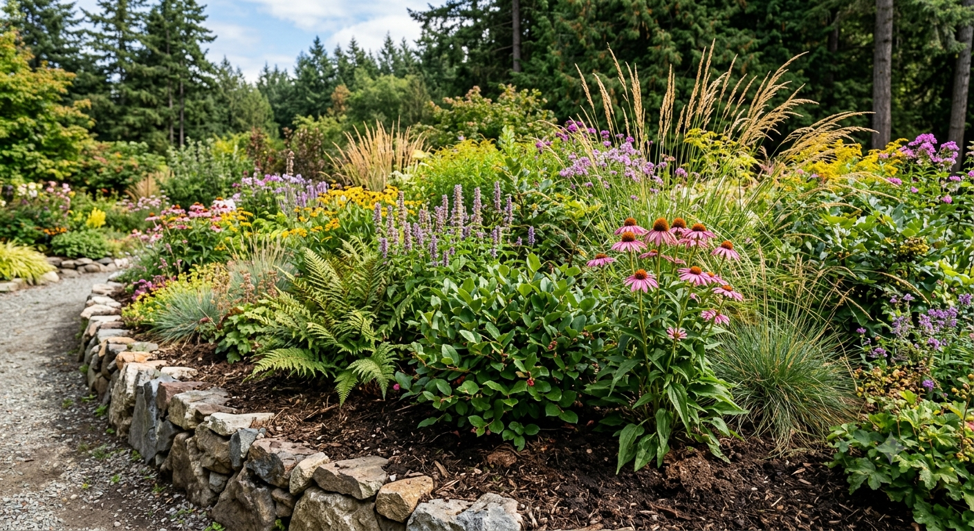 Lush perennial garden border with stone edging