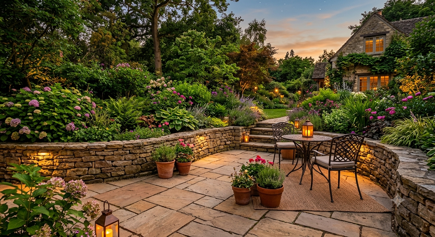 Natural stone patio at evening